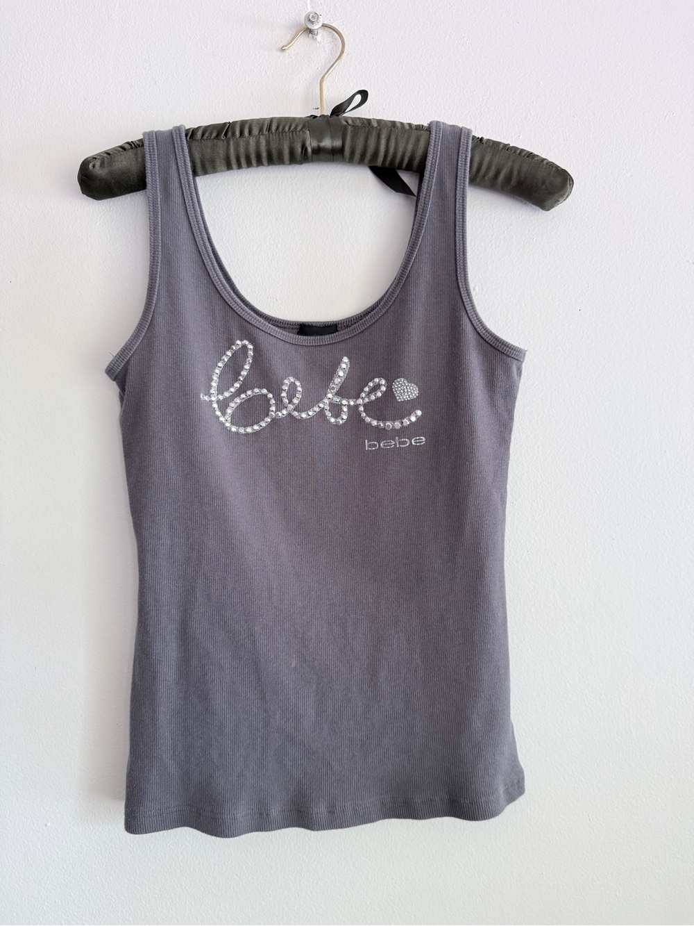 Vintage Y2K 2b Bebe Rhinestone Ribbed Tank Top Grey Size L (fits Like M) Heart